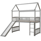 Cama alta con tobogán y valla, Cama con forma de casa con tobogán
