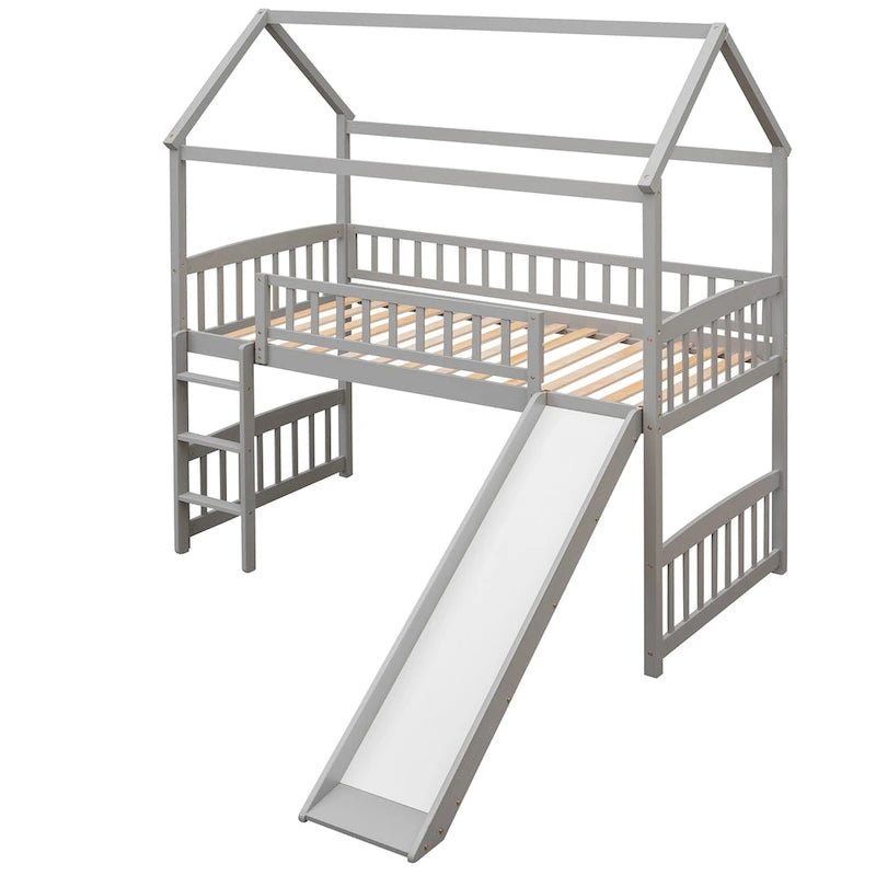 Cama alta con tobogán y valla, Cama con forma de casa con tobogán
