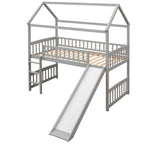 Cama alta con tobogán y valla, Cama con forma de casa con tobogán