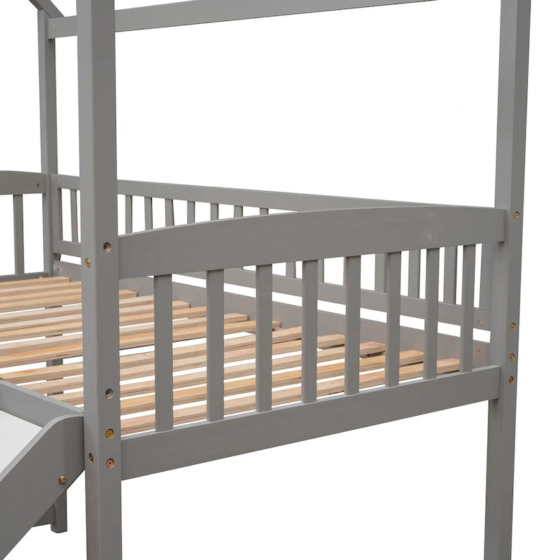 Cama alta con tobogán y valla, Cama con forma de casa con tobogán