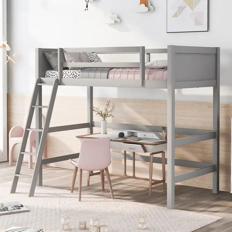 Cama alta individual de madera maciza con escalera, Cama para niños