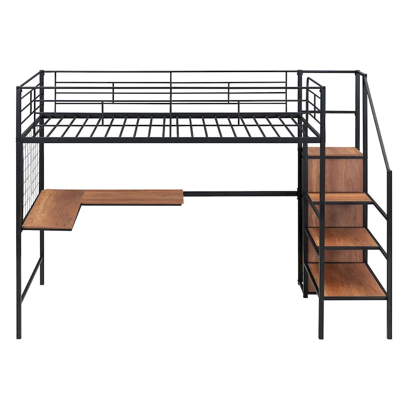 Litera alta de metal tamaño Twin con escritorio y rejilla de metal, elegante cama con estructura de metal con escalera de almacenamiento lateral y armario