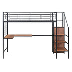 Litera alta de metal tamaño Twin con escritorio y rejilla de metal, elegante cama con estructura de metal con escalera de almacenamiento lateral y armario