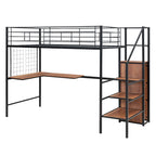 Litera alta de metal tamaño Twin con escritorio y rejilla de metal, elegante cama con estructura de metal con escalera de almacenamiento lateral y armario