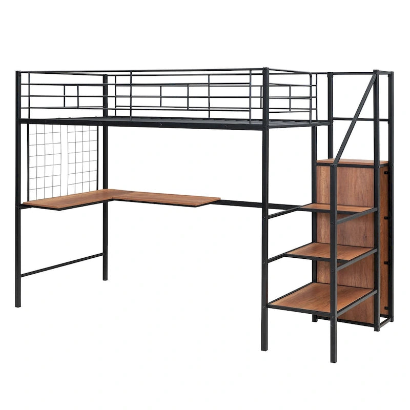 Litera alta de metal tamaño Twin con escritorio y rejilla de metal, elegante cama con estructura de metal con escalera de almacenamiento lateral y armario