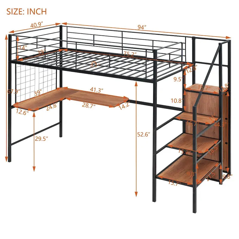 Litera alta de metal tamaño Twin con escritorio y rejilla de metal, elegante cama con estructura de metal con escalera de almacenamiento lateral y armario