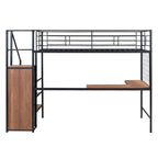 Litera alta de metal tamaño Twin con escritorio y rejilla de metal, elegante cama con estructura de metal con escalera de almacenamiento lateral y armario