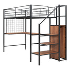 Litera alta de metal tamaño Twin con escritorio y rejilla de metal, elegante cama con estructura de metal con escalera de almacenamiento lateral y armario