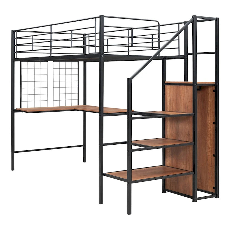 Litera alta de metal tamaño Twin con escritorio y rejilla de metal, elegante cama con estructura de metal con escalera de almacenamiento lateral y armario