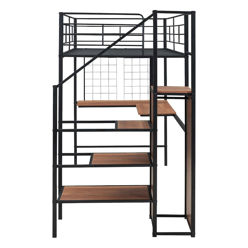 Litera alta de metal tamaño Twin con escritorio y rejilla de metal, elegante cama con estructura de metal con escalera de almacenamiento lateral y armario