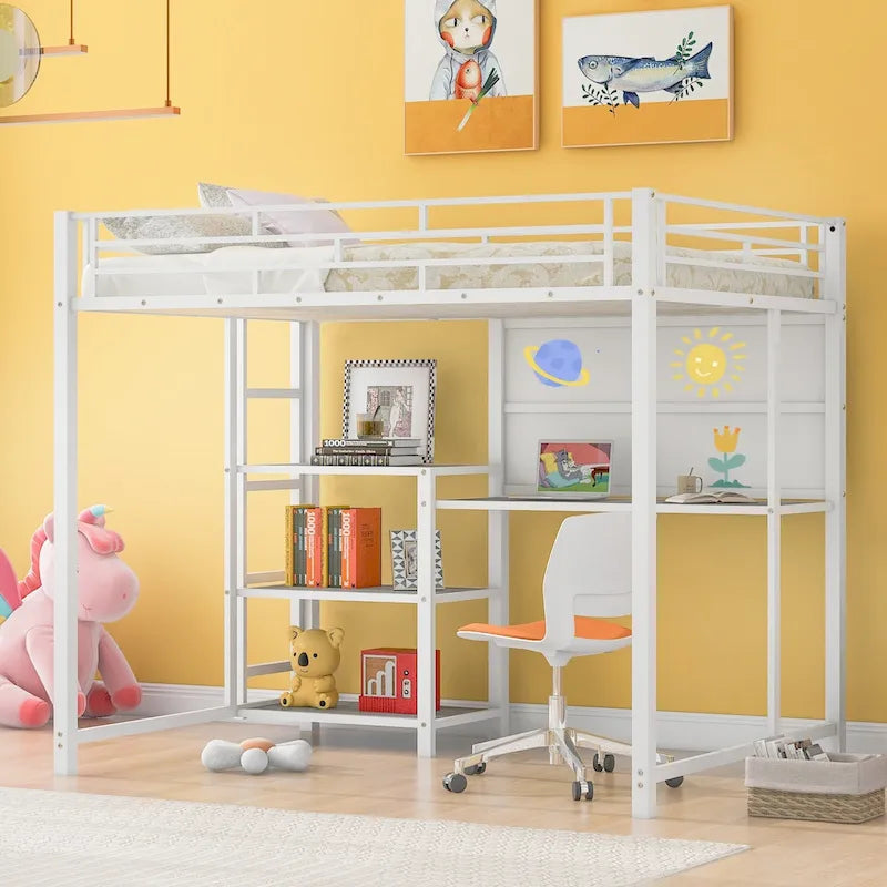 Cama alta de metal blanco con escritorio, pizarra y 3 estantes, incluye escalera