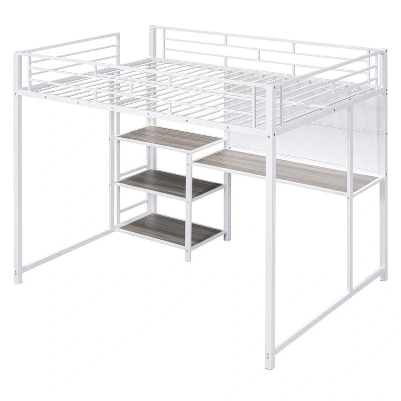 Cama alta de metal blanco con escritorio, pizarra y 3 estantes, incluye escalera