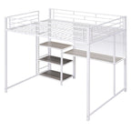 Cama alta de metal blanco con escritorio, pizarra y 3 estantes, incluye escalera