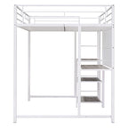 Cama alta de metal blanco con escritorio, pizarra y 3 estantes, incluye escalera