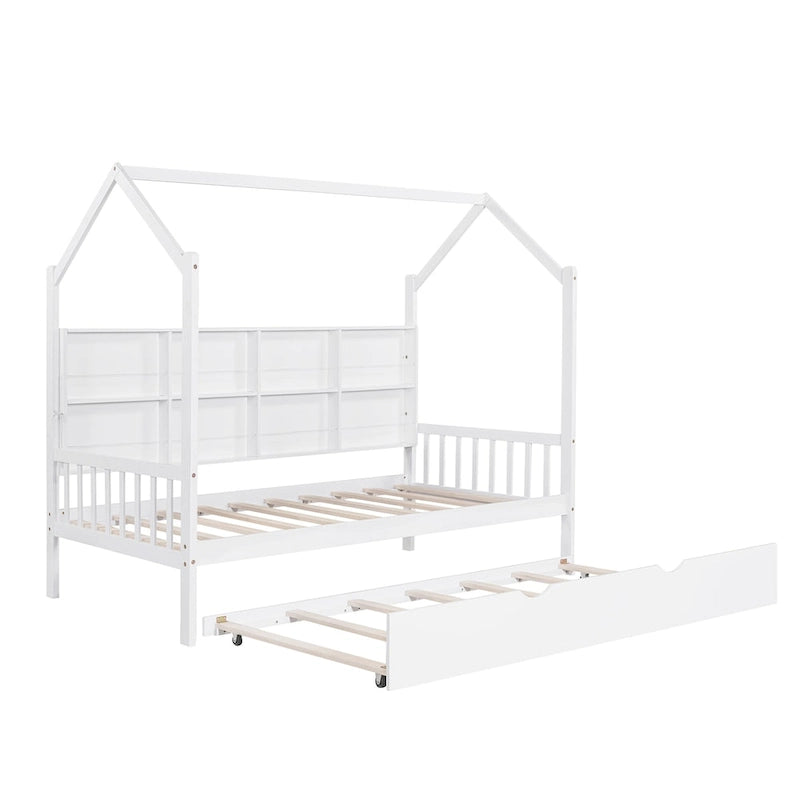 Cama de Plataforma Blanca de Madera de Pino para Niños con Nido, Estante y Techo
