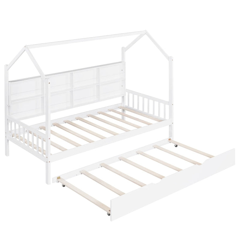 Cama de Plataforma Blanca de Madera de Pino para Niños con Nido, Estante y Techo
